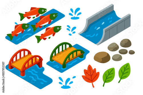 Urban Salmon Journey. Isometric vector illustration set Urban River Salmon: salmon swimming upstream, urban river channel, small