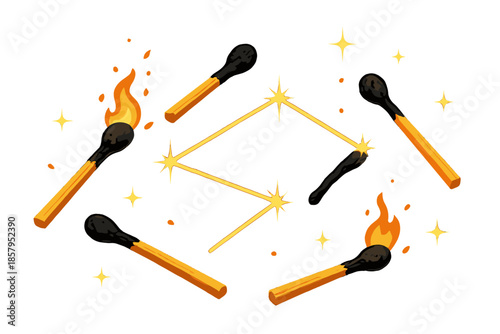 Burnt Match Constellation. Isometric vector illustration set Burnt Matchstick Constellation: scattered burnt matches, glowing
