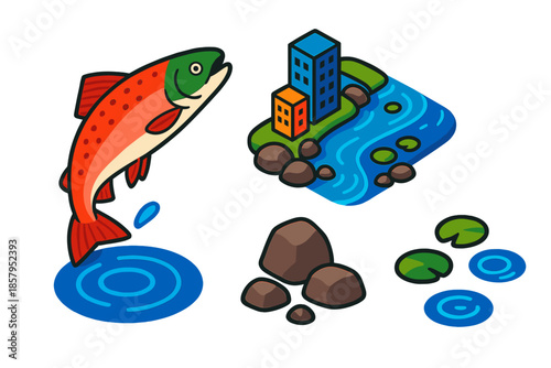 Urban Salmon Leap. Isometric vector illustration set Urban River Salmon: flowing river in city, salmon leaping, scattered stones,