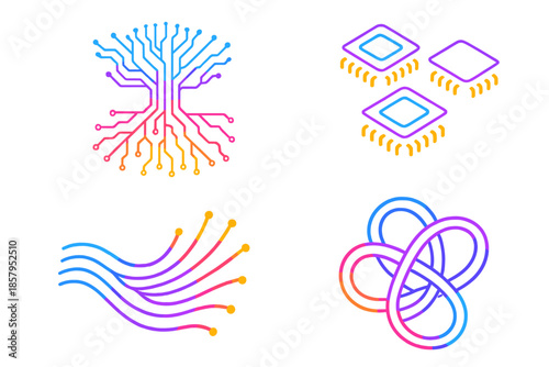 Neon Motherboard Roots. Isometric vector illustration set Circuitry Root System: neon motherboard roots, glowing fiber pathways,