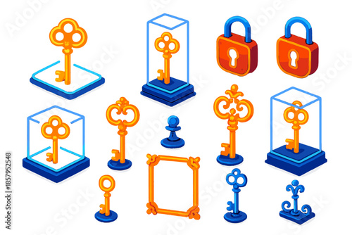 Rusted Key Exhibit. Isometric vector illustration set Rusted Key Museum: glowing antique keys, neon display panels, floating