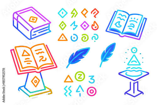 Neon Glyph Codices. Isometric vector illustration set Cryptic Glyph Dictionary: mystical codices, neon glyph clusters, glowing