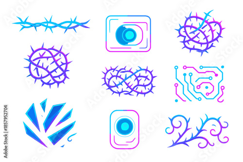 Neon Bramble Vectors. Isometric vector illustration set Bramble Wire Lens: neon thorn wires, glowing lens panels, floating bramble
