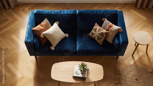 Modern blue sofa with pillows in living room setting