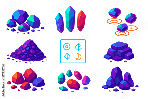 Neon Crystal Prophetic Stones. Isometric vector illustration set Talus Scree Oracle: neon boulder fragments, glowing crystal