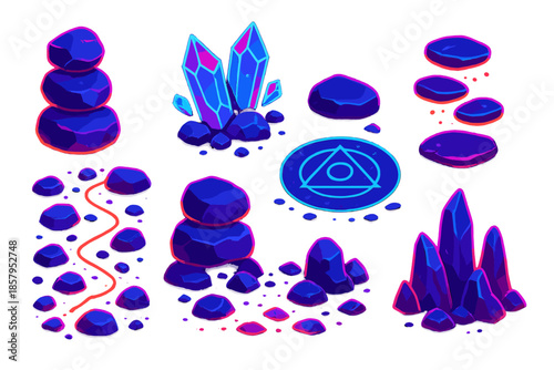 Neon Boulder Oracle. Isometric vector illustration set Talus Scree Oracle: neon boulder stacks, glowing crystal fragments,