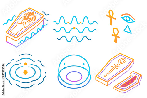 Neon Sarcophagus Vibration. Isometric vector illustration set Sarcophagus Hum Diagram: glowing coffin edges, neon hum waves,