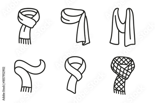 Stylish Scarf Icons. Line style icons of Scarf: wrapped scarf, loose scarf, hanging ends, soft fabric curve, folded loop, woven