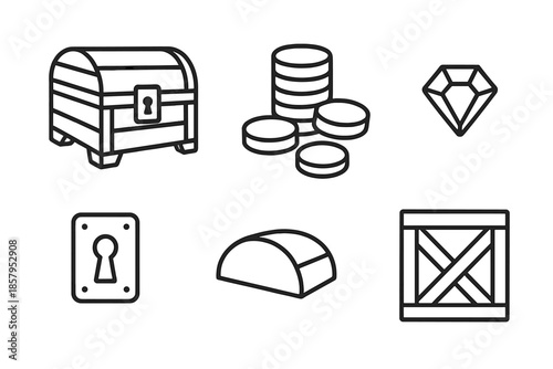 Treasure Icons Collection. Line style icons of Treasure: treasure chest, coin pile, small gem, lock plate, chest lid arc, simple