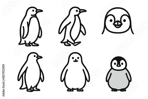 Penguin Line Icons. Line style icons of Penguin: standing penguin, walking penguin, penguin face, flipper curve, rounded belly,