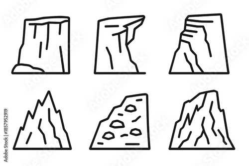 Cliff Line Icons. Line style icons of Cliff: rocky cliff, sharp edge, layered rock, steep face, jagged rise, uneven slope. No text
