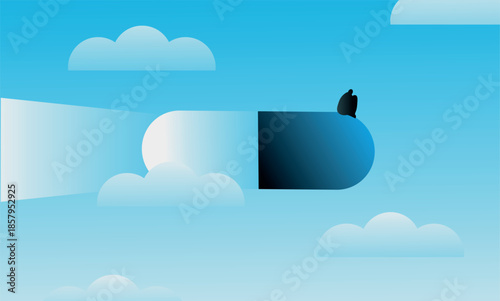 Abstract mental health illustration with capsule floating in the sky and lonely figure on top. Concept of depression, emotional isolation, recovery journey and inner balance. Minimal blue design with 