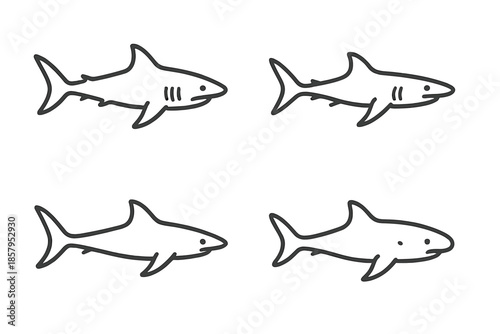 Ocean Hunters Icons. Line style icons of Ocean Hunters: swift form, dorsal hint, light fin sweep, narrow body curve, soft contour,