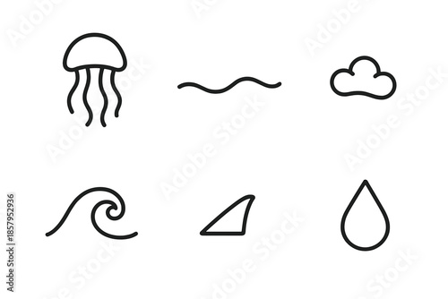 Sea Elements Icons. Line style icons of Sea Elements: drifting jelly, soft tide mark, tiny foam arc, curved wave hint, small shard