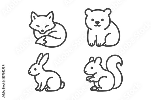 Forest Critter Icons. Line style icons of Forest Critters: small woodland form, curved body line, subtle face mark, light paws,