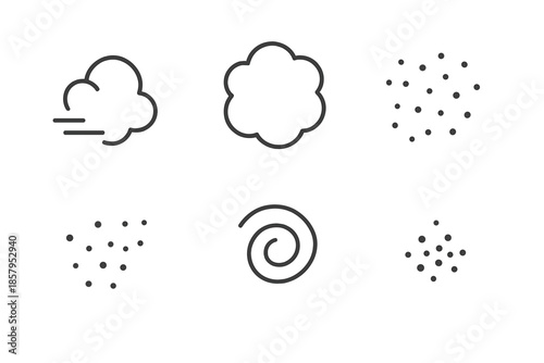 Dust Icon Designs. Line style icons of Dust: small dust cloud, soft puff, scattered particles, drifting specks, gentle swirl, tiny