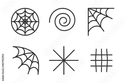 Web Line Icons. Line style icons of Web: circular web, spiral web, corner web, radial threads, curved strands, simple mesh. No