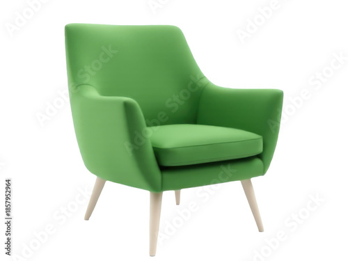 A single green chair with wooden legs sitting on a white background