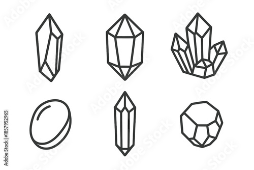 Crystal Line Icons. Line style icons of Crystal: pointed shard, faceted prism, angular cluster, smooth gem edge, tall crystal,