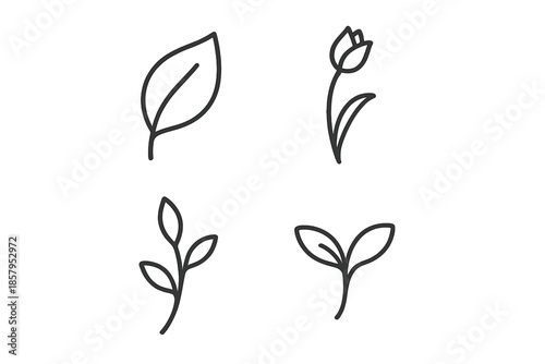 Garden Icons. Line style icons of Garden Elements: soft leaf, tiny bud, curved stem, rounded shape, natural sprout, delicate