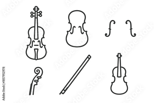 Violin Line Art Icons. Line style icons of Violin: full violin, violin body shape, curved f-holes, neck and scroll, bow outline,