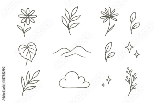 Nature Line Art. Line style icons of Nature Details: delicate lines, subtle curves, small organic forms, minimal fragments, gentle