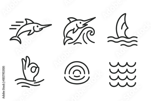 Marine Blade Surge Icons. Line style icons of Marine Blade Surge: powerful swimmer, extended bill, water surge, fin gesture,