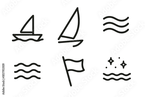 Breeze Mast Icons. Line style icons of Breeze Mast Voyage: streamlined boat, angled sail, airflow marks, tide pattern, rig line,