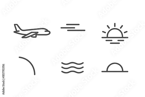 Horizon Skyplane Icons. Line style icons of Horizon Skyplane Glow: jet figure, cloud streaks, sinking sun, tail arc, soft ripple,