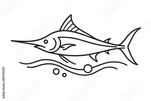 Marine Spear Fish Icon. Line style icons of Marine Spear Fish: sleek fish form, pointed snout, ocean flow, tail curve, foam rings,