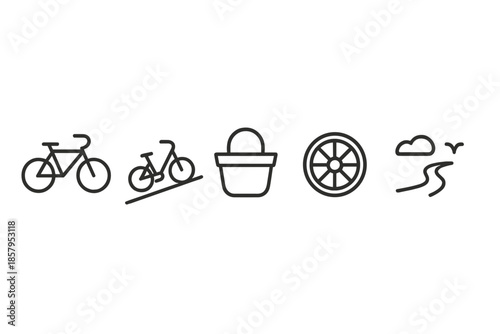 Slope Cycle Icons. Line style icons of Slope Cycle Load: cycle shape, hillside path, small basket, rim detail, route sweep, sky