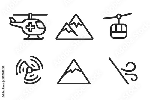 Alpine Air Icons. Line style icons of Alpine Air Aid: airborne craft, snowy ridge, lift cable, rotor sweep, sharp slope, wind