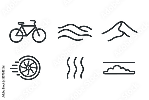 Dune Biking Adventure. Line style icons of Dune Rider Trail: bike outline, rolling dunes, sand drift, spinning wheel, heat shimmer