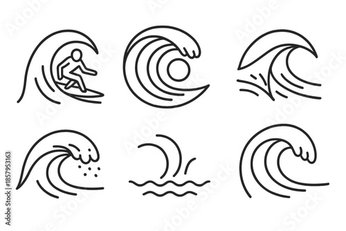Solar Tube Icons. Line style icons of Solar Tube Break: surf form, deep barrel, solar disc, edge line, spray curve, ocean rim. No