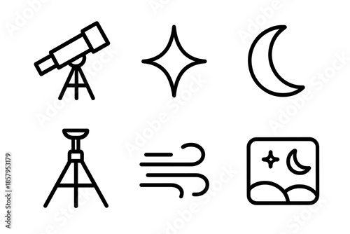 Lunar Observation Icons. Line style icons of Lunarstar Observation: telescope profile, star spark, moon arc, tripod brace, night
