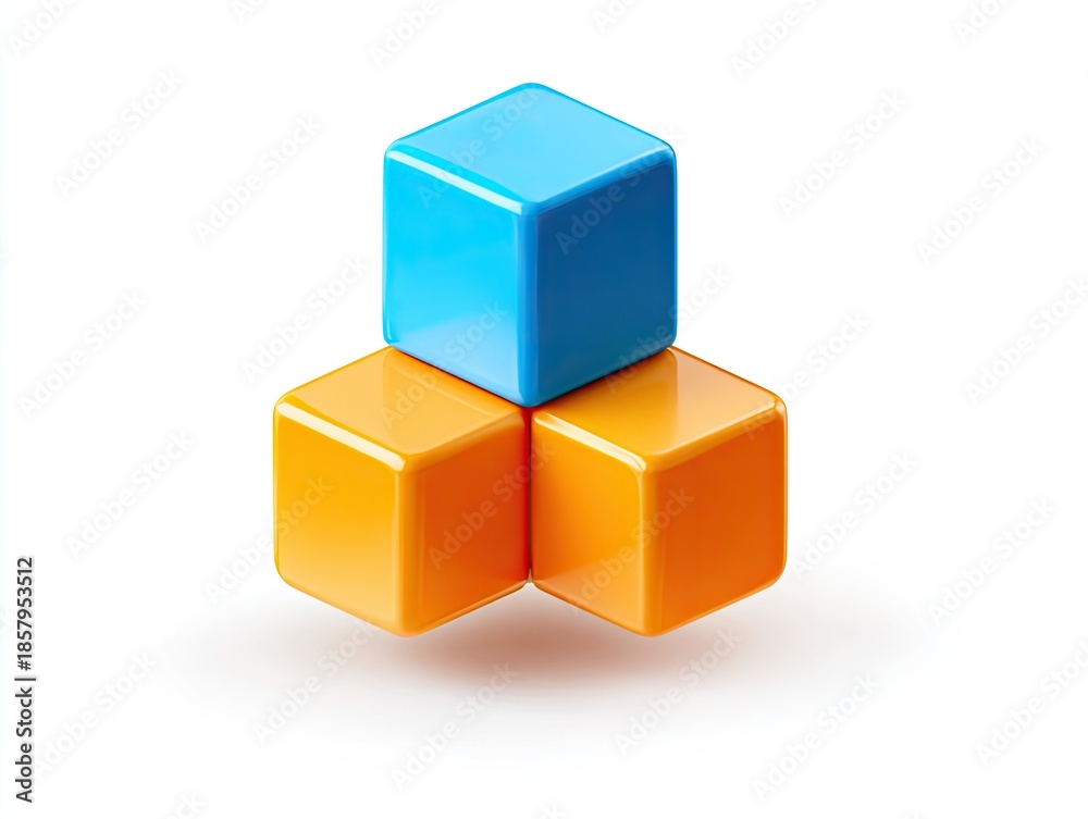 Fototapeta premium Three glossy cubes stacked one blue on two orange. Isolated on white