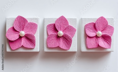 Three small, square, white canvases, each featuring a delicate, pink flower with a pearl center