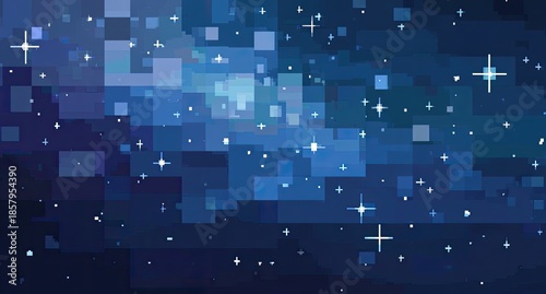 Pixelated space backdrop. Blue shades and shining stars fill the dark canvas