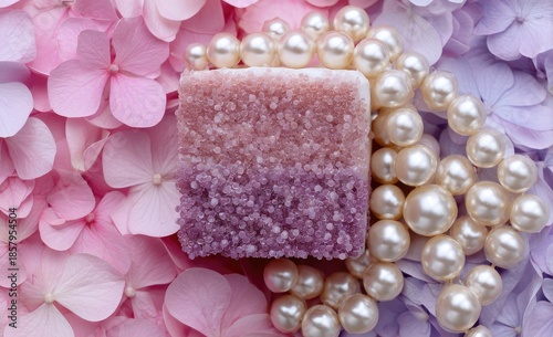 Pink and purple soap bar, pearls, hydrangeas