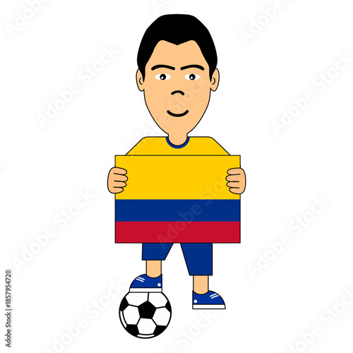 Vector illustration of a young boy holding the Colombia national flag, wearing casual clothes and standing with a soccer ball, representing Colombian culture, football passion, and national pride