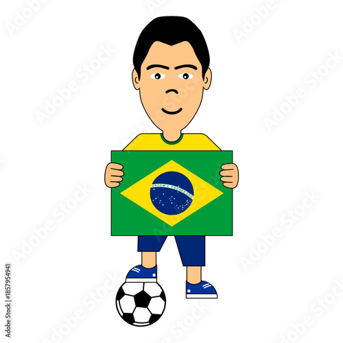 Vector illustration of a young boy holding the Brazil national flag, wearing casual clothes and standing with a soccer ball, representing Brazilian culture, football passion, and national pride