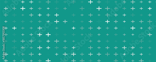 Seamless background pattern of evenly spaced white plus symbols of different sizes and opacity. Vector illustration on teal background with stars