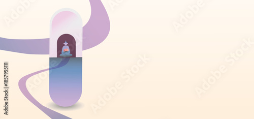 Abstract mental health illustration with meditating figure inside capsule shape. Concept of mindfulness, inner balance, emotional healing and self care. Pastel minimal design with copy space.