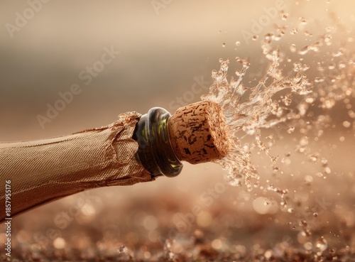 Champagne cork popping with liquid spray against blurred background