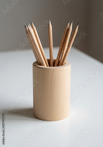 Wooden pencil holder containing several graphite drawing instruments