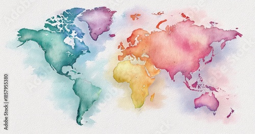 Watercolor world map with various pastel continent colors, isolated on white