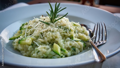 Risotto with zucchini, cheese, and rosemary, close-up