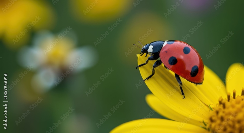 Fototapeta premium Ladybug on Yellow Flower in Garden.