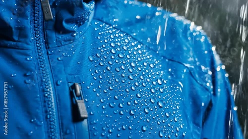 Water Droplets Beading on Blue Waterproof Jacket