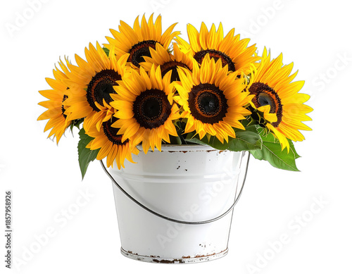 A bouquet of vibrant yellow sunflowers overflowing from a rustic white bucket